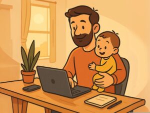 Father working while looking after his son