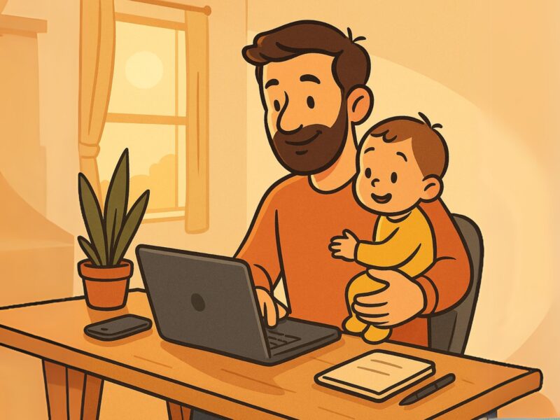 Father working while looking after his son